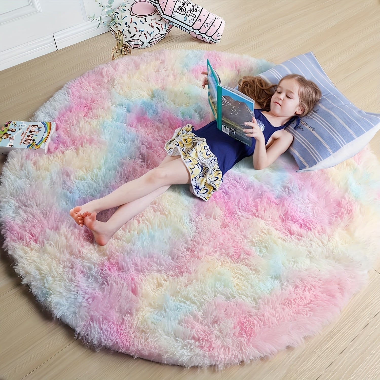 Ronde Regenboog Fluffy Vloerkleed – Zacht en Kleurrijk voor Elk Interieur | RainbowNest