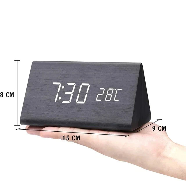 Stylish Wooden LED Alarm Clock with Temperature Display and Voice Control | WoodTime