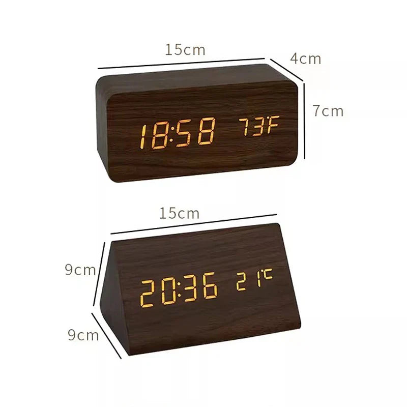 Stylish Wooden LED Alarm Clock with Temperature Display and Voice Control | WoodTime