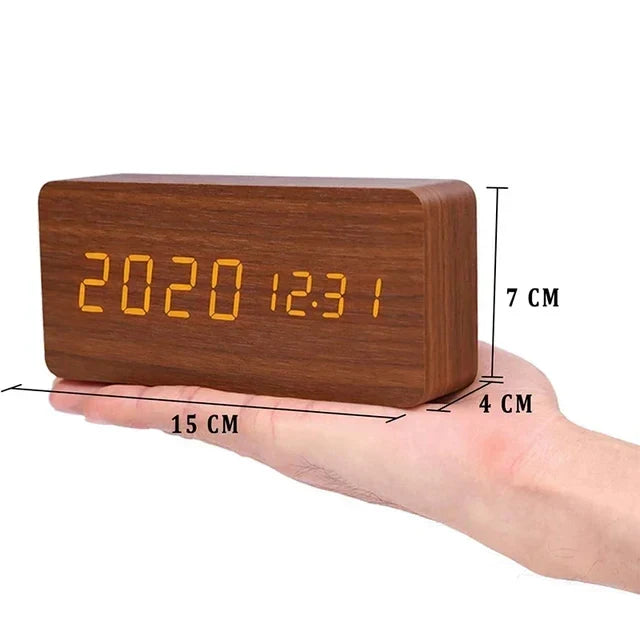 Stylish Wooden LED Alarm Clock with Temperature Display and Voice Control | WoodTime