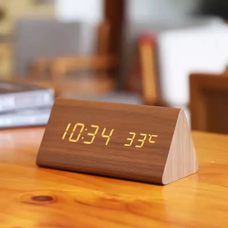 Stylish Wooden LED Alarm Clock with Temperature Display and Voice Control | WoodTime