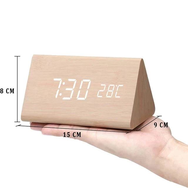 Stylish Wooden LED Alarm Clock with Temperature Display and Voice Control | WoodTime