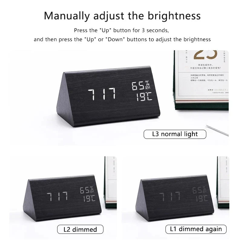 Stylish Wooden LED Alarm Clock with Temperature Display and Voice Control | WoodTime