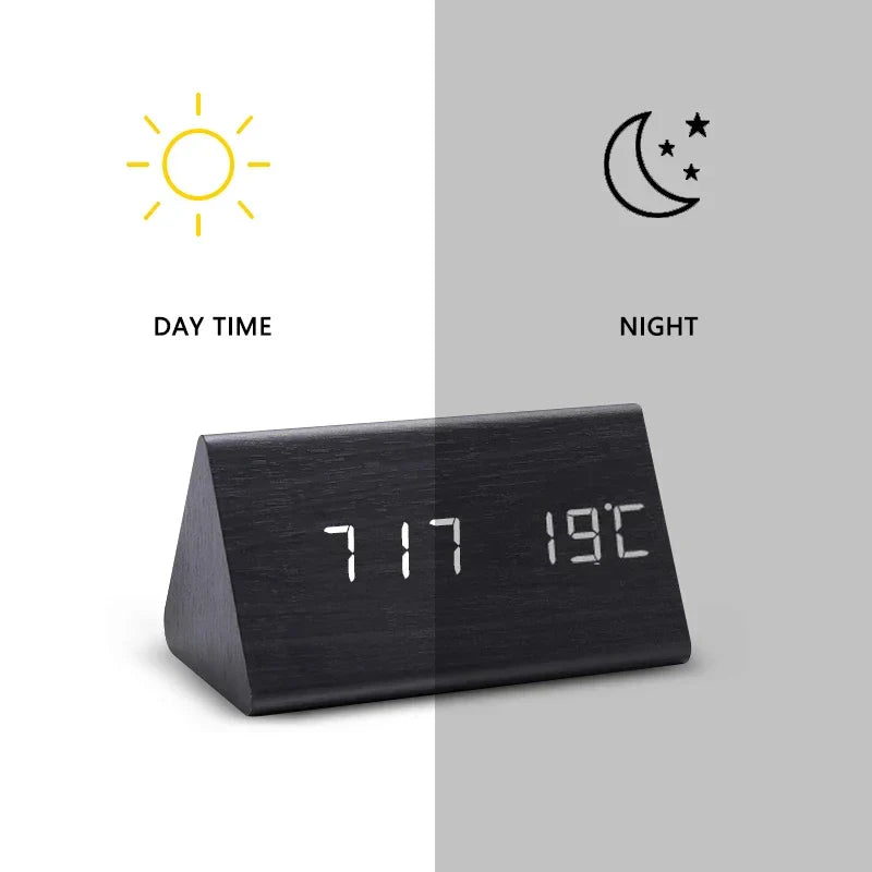 Stylish Wooden LED Alarm Clock with Temperature Display and Voice Control | WoodTime