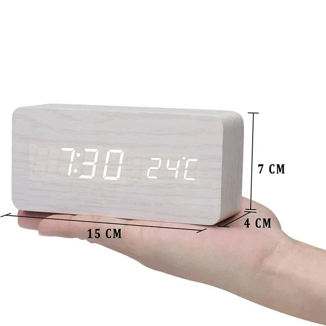 Stylish Wooden LED Alarm Clock with Temperature Display and Voice Control | WoodTime