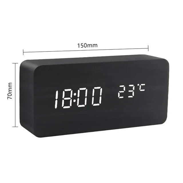 Stylish Wooden LED Alarm Clock with Temperature Display and Voice Control | WoodTime