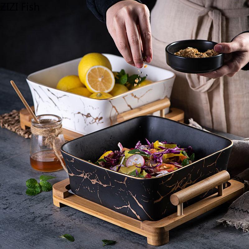 European Serving Bowl with Wooden Base (Black) | NordicServe